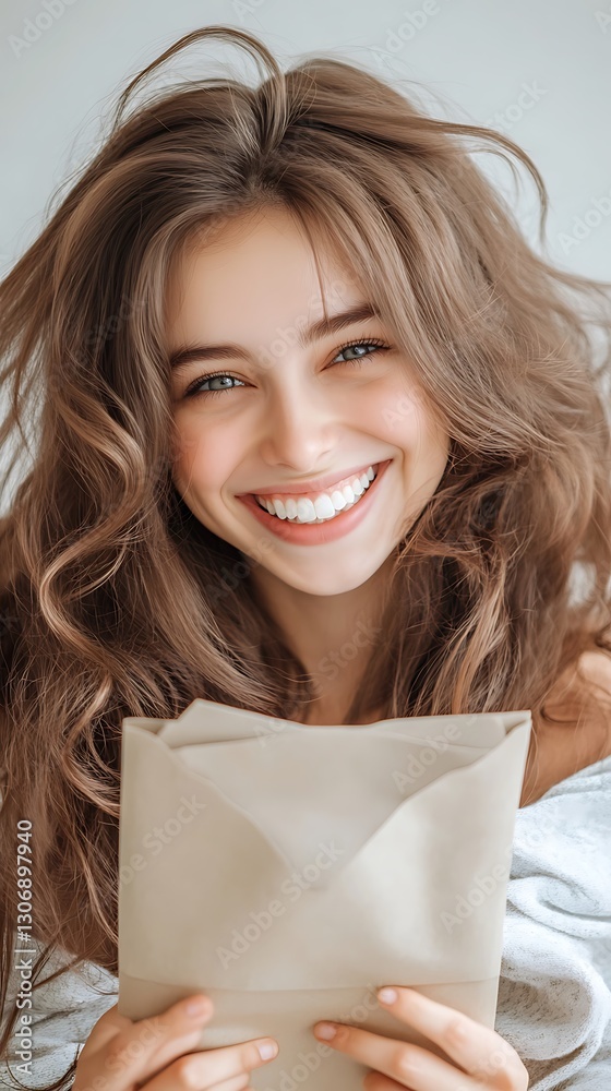 Happy young woman with long hair smiling while holding an envelope in her hands in a bright indoor setting Happy young woman with long hair smiling while holding an envelope in her hands in a bright indoor setting