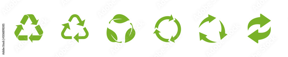 Recycle icon set. Recycle and rotation arrow sign. Arrows and leaf reuse eco green symbol. Recycling symbol. Vector illustration. Recycle icon set. Recycle and rotation arrow sign. Arrows and leaf reuse eco green symbol. Recycling symbol. Vector illustration.