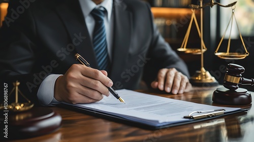 Lawyer Signing Legal Documents at Desk, A lawyer in a suit signing legal documents at a desk with a gavel and scales of justice