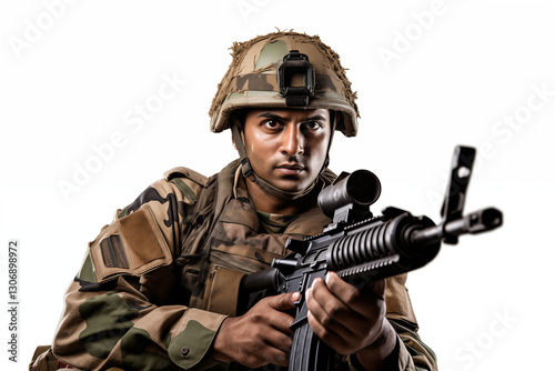 Indian Soldier in Uniform on White Background – Proud, Disciplined, and Brave Military Man Representing Strength, Leadership, and Commitment to Service in the Indian Army with Honor and Courage