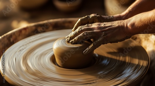 A skilled artisan shaping clay on a pottery wheel in warm natural light.