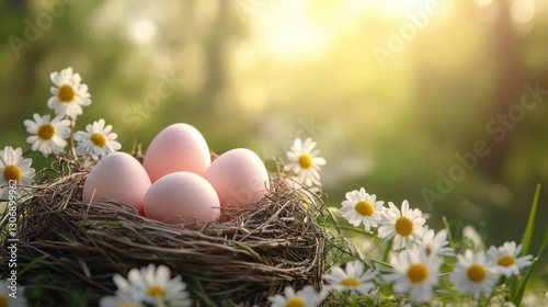 Easter pastel-colored egg nest with fresh spring flowers, soft sunlight filtering through, blurred green meadow background, warm and inviting atmosphere 