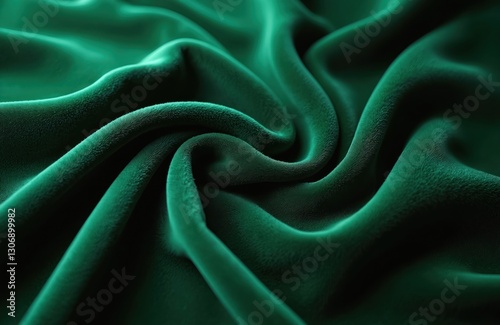 Green velvet cloth waves background. Decorative vintage velour textile close-up. Natural material with smooth abstract pattern. Soft elegant shiny surface, luxury wallpaper, drapery for interior