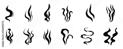 Steam smoke hand drawn line comic doodle. Aroma trail, cloud or wind silhouette. Smells hot air fragrance evaporate set. 