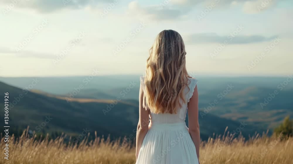 blonde girl with beautiful hair in a white dress walks in slow motion on a spring mountain landscape. blonde hair blowing in the wind, back view. the concept of self-awareness. Generative Ai blonde girl with beautiful hair in a white dress walks in slow motion on a spring mountain landscape. blonde hair blowing in the wind, back view. the concept of self-awareness. Generative Ai