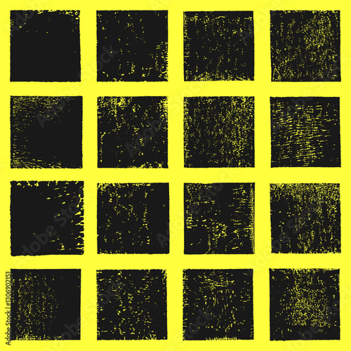 Grungy textured hand printed square shapes collection. Linocut vector relief block printing squares, rough worn scuffed textures set. Lino ink grunge text frames, boxes templates. Artistic backgrounds