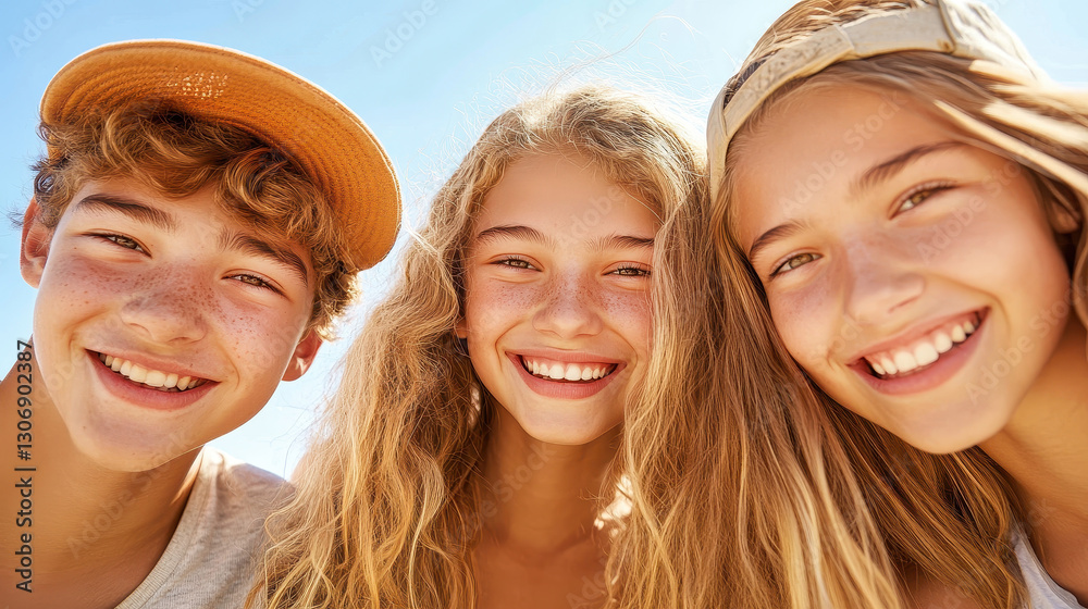 Fototapeta premium Group of smiling teenagers enjoying a sunny day outdoors together