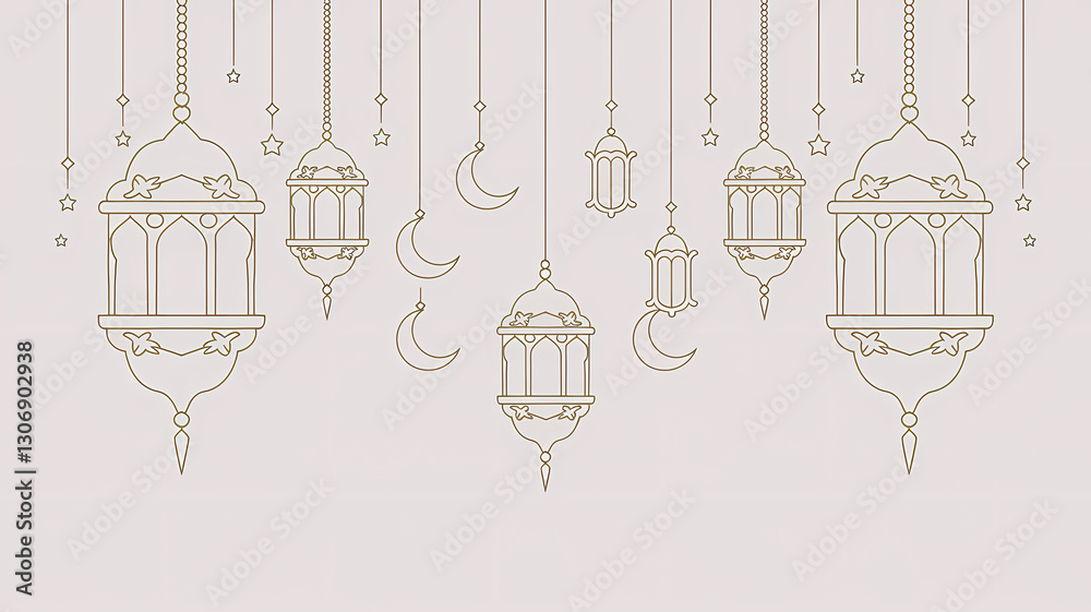 Fototapeta premium Arabic Traditional Ramadan Kareem Lanterns with Hanging Stars, Moon in Golden Oriental Style featuring intricate Islamic patterns glowing lights, a festive ambiance symbolizing the spirit of Ramadan