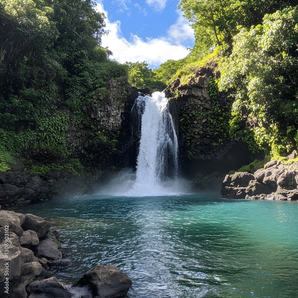 Fototapeta premium a hidden waterfall cascading into a turquoise pool, surrounded by lush greenery.