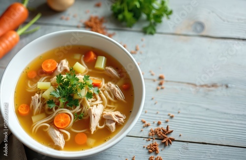 Top view of chicken noodle soup with vegetables in bowl on wooden table. Nutritious homemade food concept. Comfort warm dish with carrots, potatoes, celery, parsley for diet alimentary cookery.