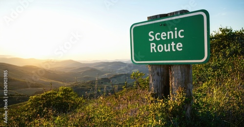 Green rectangular scenic route sign white text mounted rustic wooden post softly illuminated golden hour sunlight rolling hills