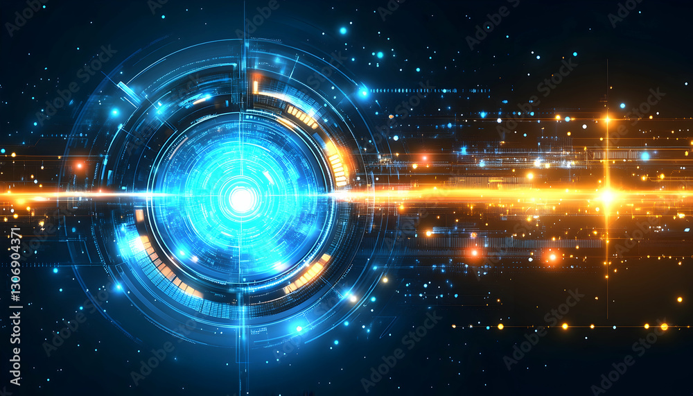 Obraz premium Abstract Digital Network: Blue and Orange Energy Glows in Dark Space
