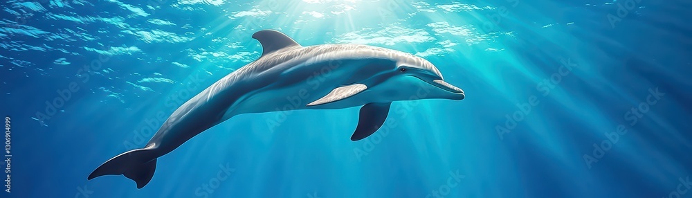 Obraz premium Dolphin Swimming Gracefully in Deep Blue Sea with Sunlight Rays Beneath the Surface