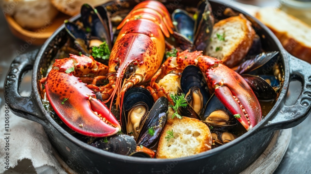 Cooked lobster, mussels, and prawns served with bread in a rustic pot. Cooked lobster, mussels, and prawns served with bread in a rustic pot.