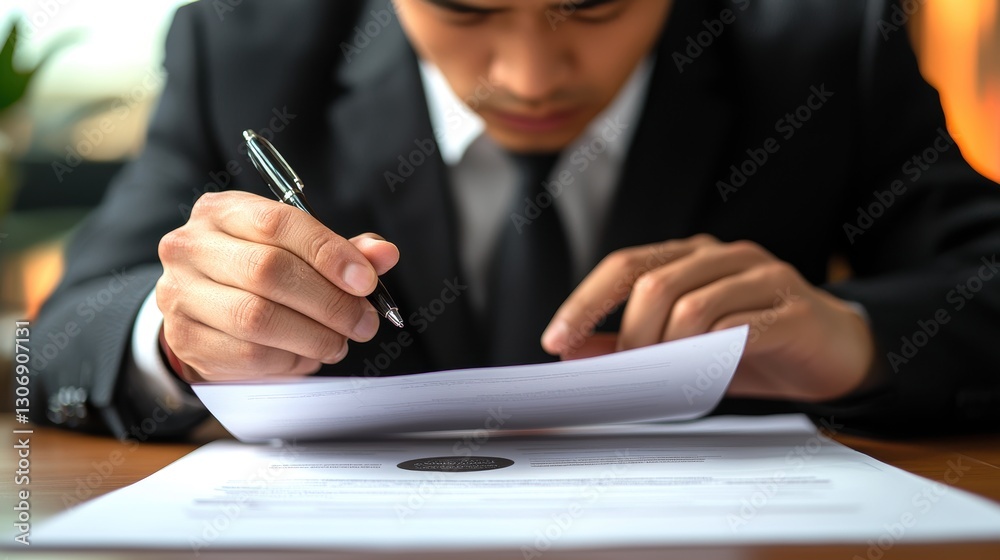Business Professional in Suit Evaluating Documents with Focus Business Professional in Suit Evaluating Documents with Focus