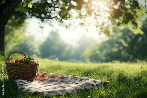 A picnic basket and blanket set in a green meadow