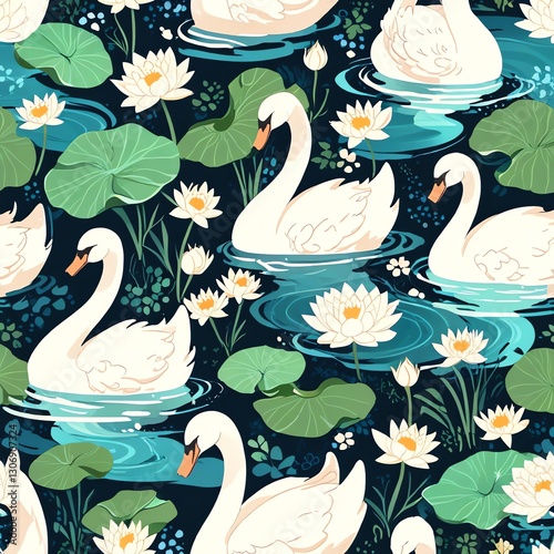 Fototapeta Naklejka Na Ścianę i Meble -  Elegant Swans in a Serene Lily Pond: A Peaceful Nature Scene