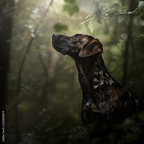 a Plott Hound sniffing the air in a dense forest, tracking a scent with focused determination. photo