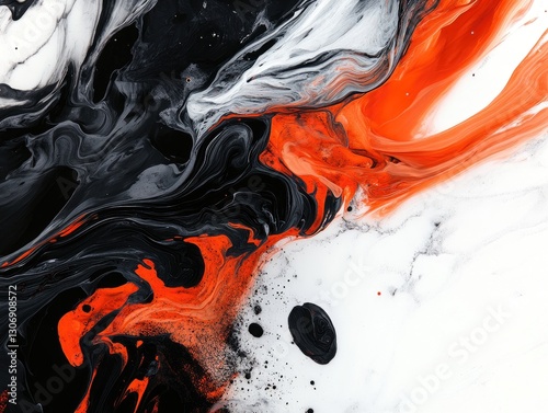 Abstract orange black white fluid art painting