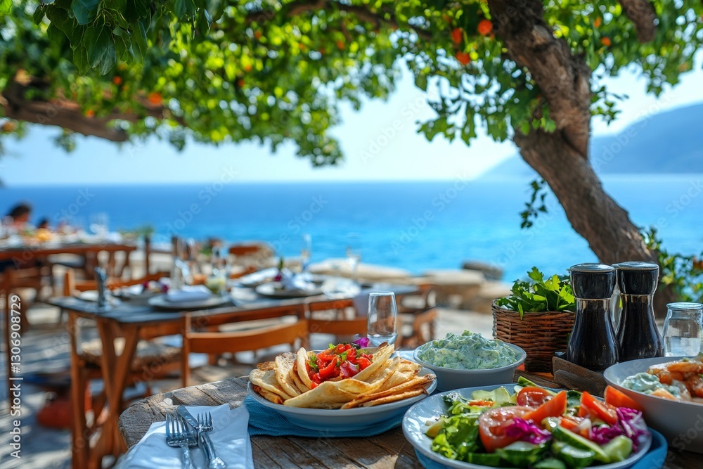 Obraz premium Delicious greek food served at a restaurant by the sea