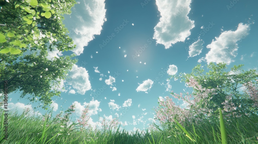 A clear spring sky with fluffy clouds floating above, peaceful and bright, ultra-detailed, 8k A clear spring sky with fluffy clouds floating above, peaceful and bright, ultra-detailed, 8k