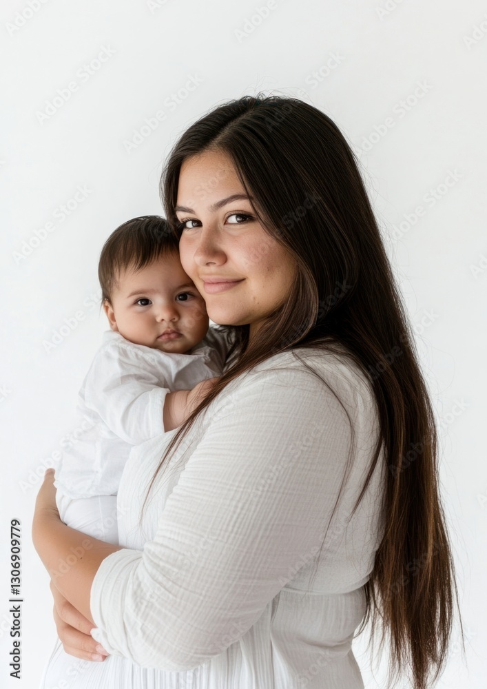 Latinx mother holding newborn portrait photo white. Latinx mother holding newborn portrait photo white.