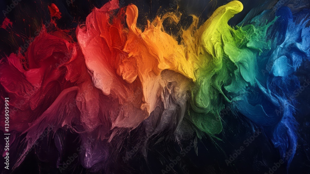 Black background, rainbow-colored paint splash in the middle of the picture, dark colors, fluid art, paint flowing from left to right. Black background, rainbow-colored paint splash in the middle of the picture, dark colors, fluid art, paint flowing from left to right.