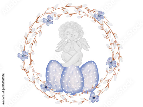 angel on easter eggs with floral wreath clip art preview