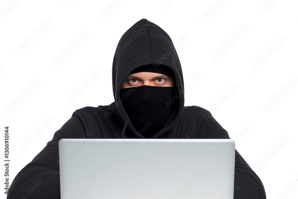Serious young  male ethical hacker typing on laptop isolated on transparent white background