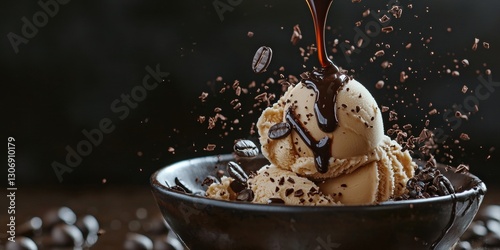 Flying espresso coffee ice cream with dark chocolate syrup on a sophisticated brown and black background