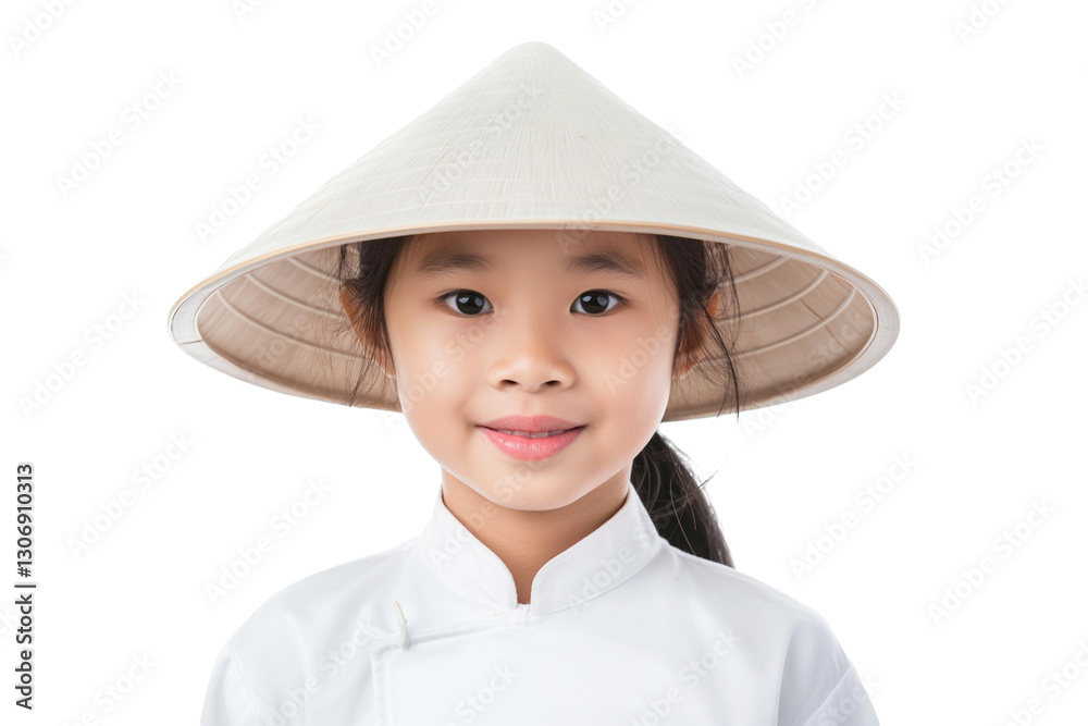Bashful young Vietnamese girl noodle chef isolated on transparent white background