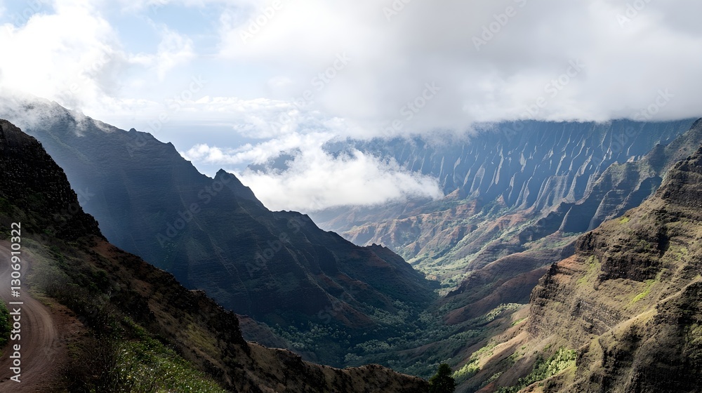 Fototapeta premium a rugged mountain pass with a winding road disappearing into the clouds.