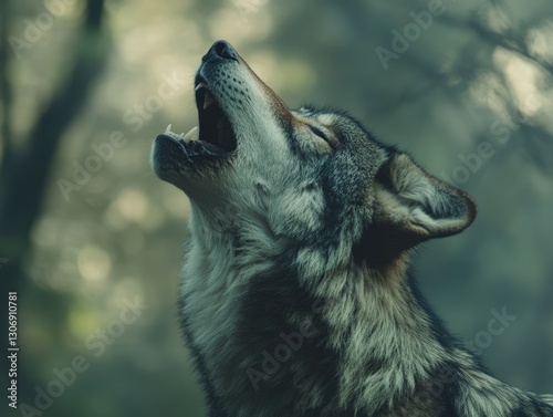 Mystic howl, A lone wolf's call pierces the tranquil forest atmosphere photo