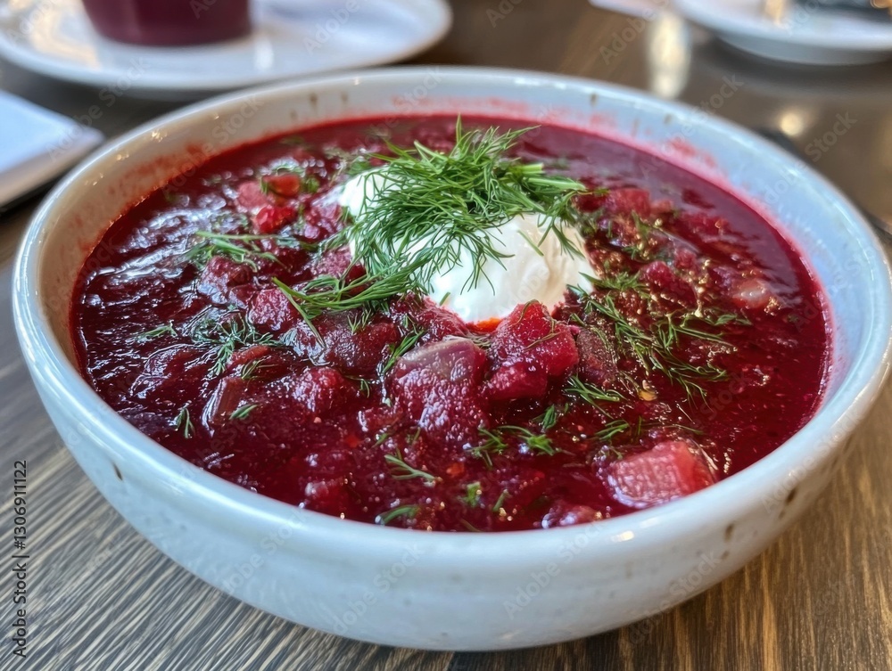 Bowl of vibrant, deep red borscht with fresh dill and sour cream, capturing the traditional Russian flavors and colors Bowl of vibrant, deep red borscht with fresh dill and sour cream, capturing the traditional Russian flavors and colors