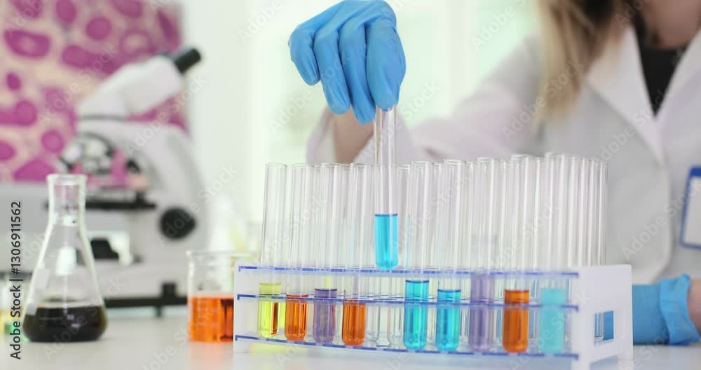Researcher examines test tubes filled with brightly colored liquids. Woman scientist studies reaction of substance to movement and light. Slow motion Researcher examines test tubes filled with brightly colored liquids. Woman scientist studies reaction of substance to movement and light. Slow motion