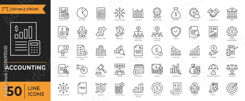 Accounting icon set. Containing Finance, Tax, Audit, Invoice, Business, Report, and more. Editable stroke. Vector illustration