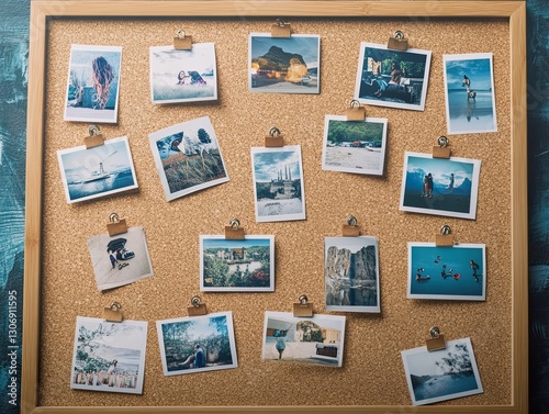 A corkboard showcasing travel memories and scenic landscape snapshots collection photo