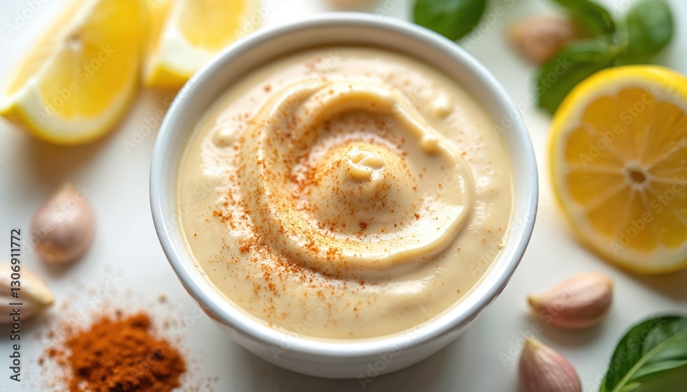 Tangy lemon tahini sauce with paprika in white bowl. Tahini, garlic cloves, basil leaves and fresh lemon wedges around it. Healthy vegetarian vegan food, creamy sesame paste. Tangy lemon tahini sauce with paprika in white bowl. Tahini, garlic cloves, basil leaves and fresh lemon wedges around it. Healthy vegetarian vegan food, creamy sesame paste.