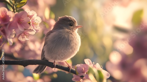 A close-up of a small bird perched on a branch, surrounded by blooming spring flowers, delicate and peaceful, ultra-detailed, 4k