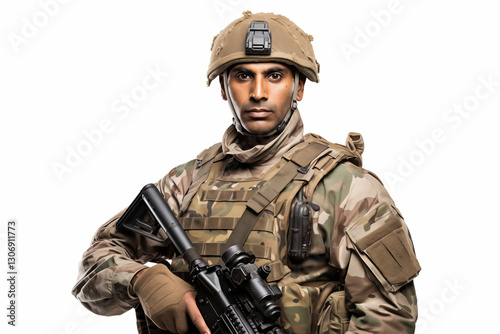 Indian Soldier in Uniform on White Background – Proud, Disciplined, and Brave Military Man Representing Strength, Leadership, and Commitment to Service in the Indian Army with Honor and Courage