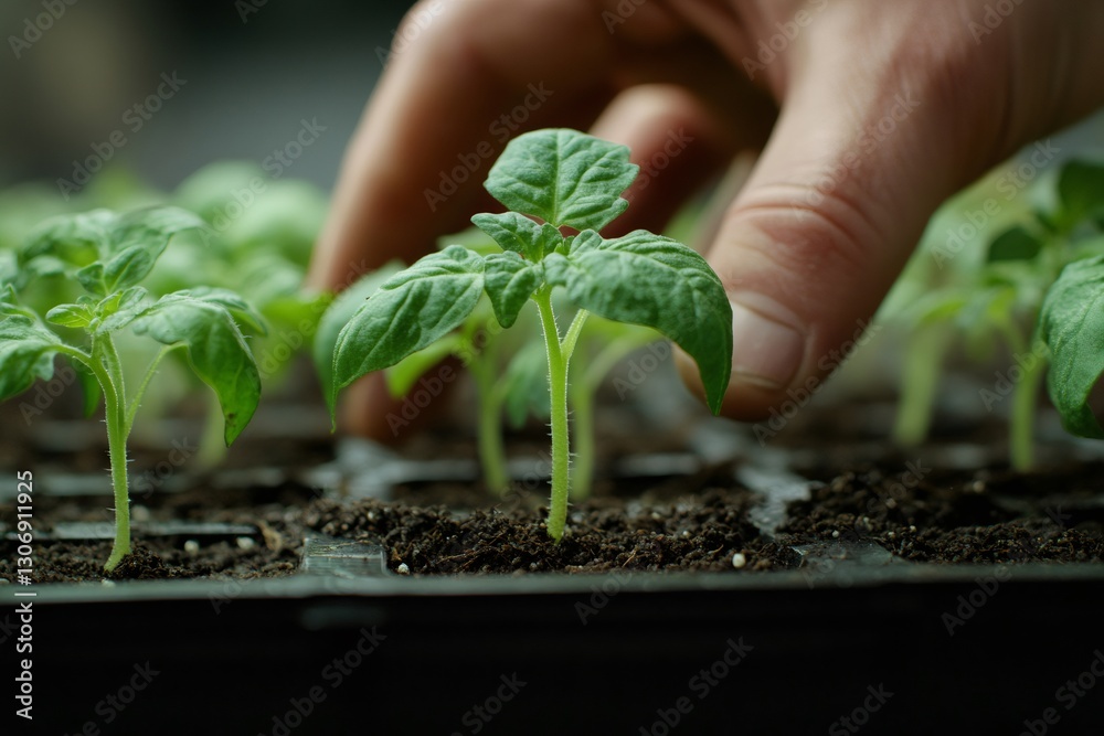 Fototapeta premium Farmer taking care of small tomato seedlings growing in seed tray