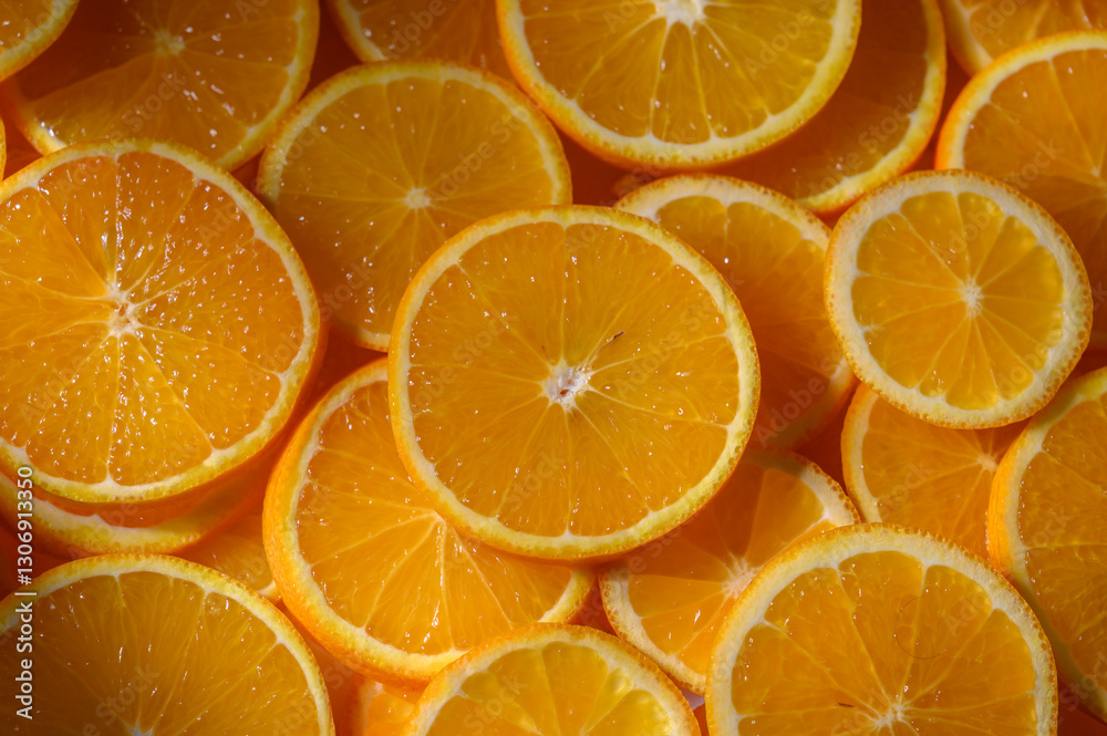 Bright and vibrant orange slices arranged beautifully in a captivating display of freshness and flavor Bright and vibrant orange slices arranged beautifully in a captivating display of freshness and flavor
