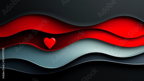 A 3D abstract composition featuring a small red heart embedded in layered waves of black, red, and silver, symbolizing love, passion, and modern artistic design.  
