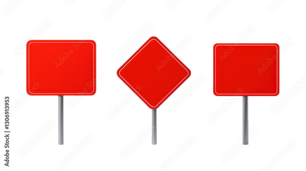 Red traffic signs, three distinct shapes, minimalist design, suitable for urban safety themes, ample space for text. Isolated on white background or PNG Red traffic signs, three distinct shapes, minimalist design, suitable for urban safety themes, ample space for text. Isolated on white background or PNG