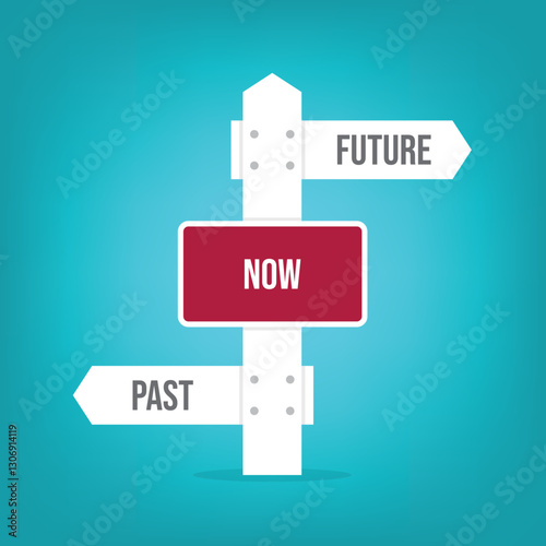 Past now future signpost. Successful choice vector concept. Different way or alternative illustration. Opposite direction traffic sign.