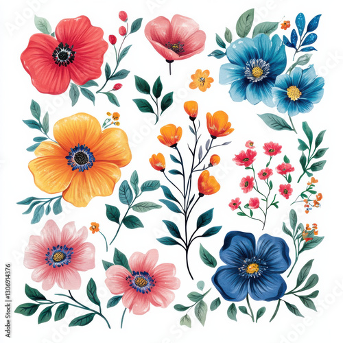 Flowers Clipart Set, Colorful Floral, Sublimation, Flowers PNG, Cute Flowers PNG, Party Decorations, Flower Stickers PNG, cartoon stlye