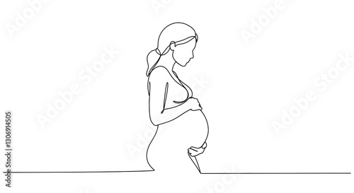 A minimalist, black single line drawing of a pregnant woman