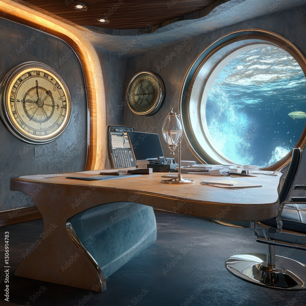 Fototapeta premium Luxurious nautical-themed office with round window, elegant desk, and maritime timepieces