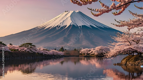 A breathtaking view of Mount Fuji with cherry blossoms in full bloom, reflected in a calm lake under a soft pink sunset sky.