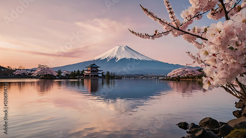 A breathtaking view of Mount Fuji with cherry blossoms in full bloom, reflected in a calm lake under a soft pink sunset sky.
